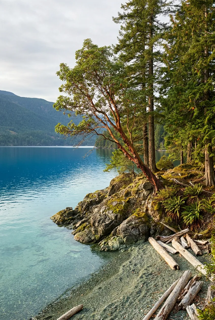 An arbutus tree leaning over clear water from a rocky point