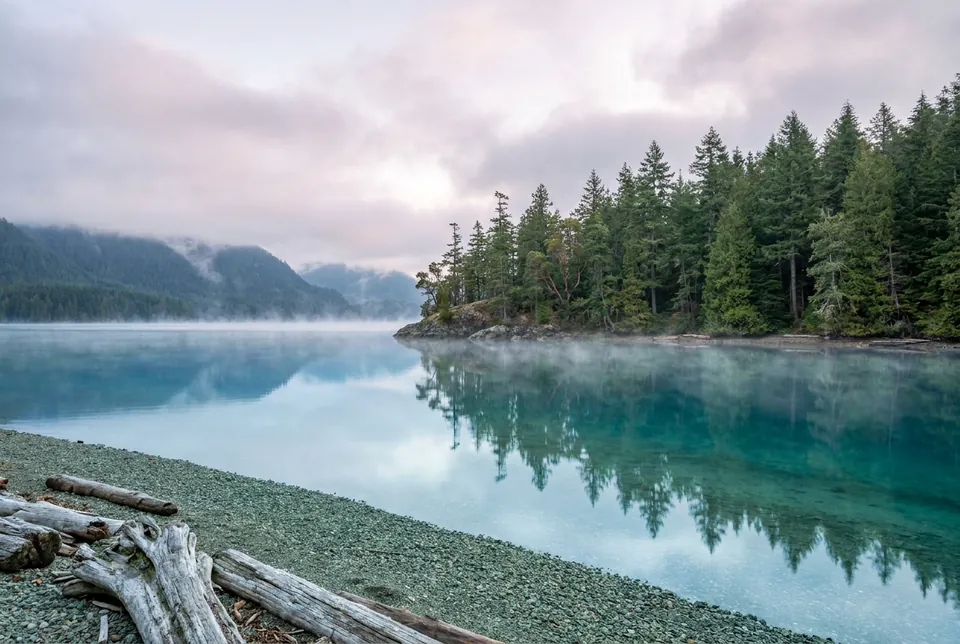 Mist lifting off a still lake at dawn with cedar and fir shoreline reflected