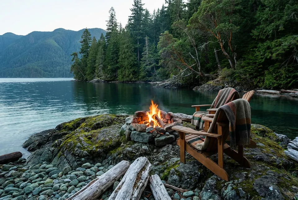 Concept render of a stone fire pit on a rocky point at twilight