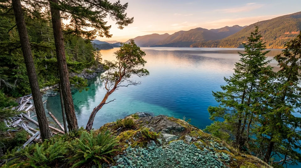 Golden-hour view from a forested point across a clear lake to layered mountains