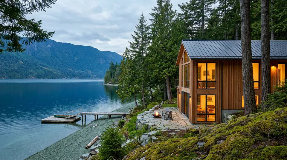 Concept render of a timber-and-glass lake house among tall firs at dusk