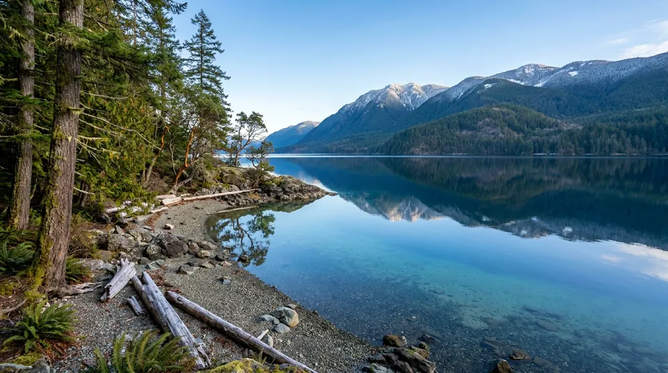 Calm lake reflecting forested mountains with fresh snow