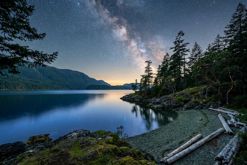 Stars and the Milky Way over a calm lake with silhouetted firs