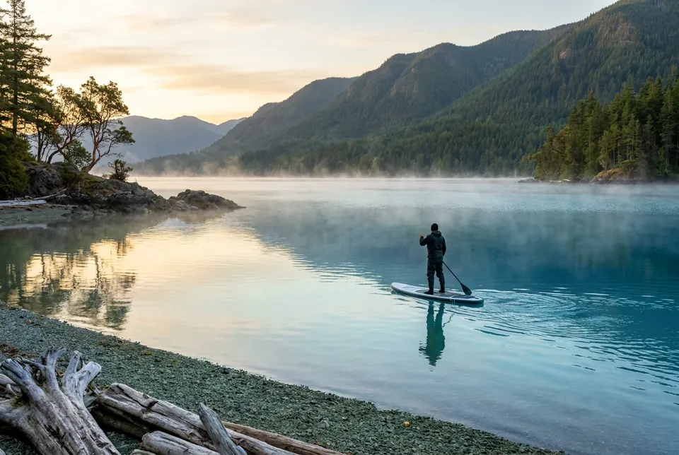 A lone paddleboarder gliding on a misty lake at sunrise